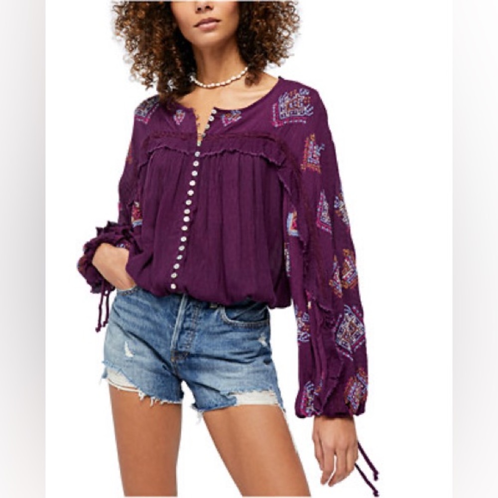 Free People | Boho Sweet Emotion Purple Embroidered Peasant Blouse